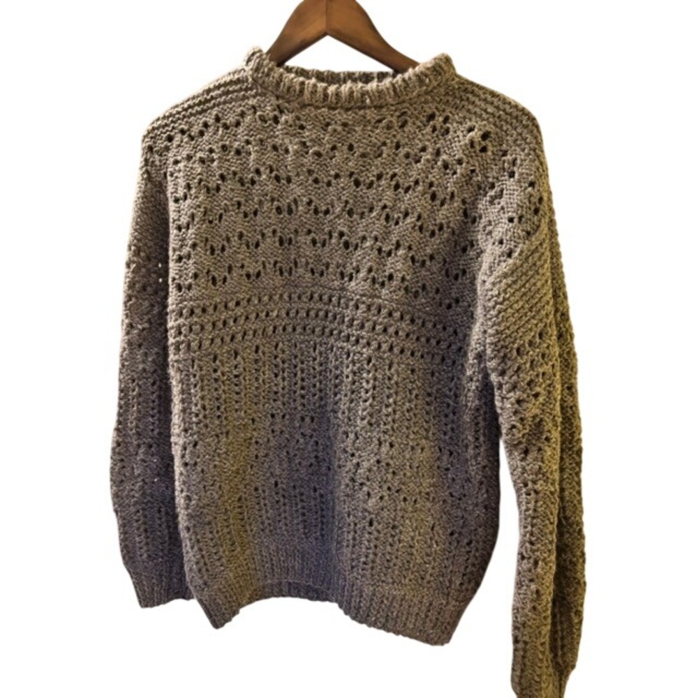 Hand Knit Open Weave Sweater Taupe Brown Pointelle Eyelet Crew Neck